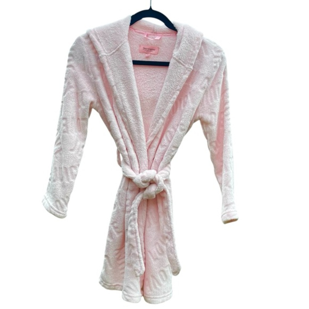 Juicy Couture Girls Plush Pink Hooded Robe Cozy Soft Bathrobe w Belt, Sz 10/12